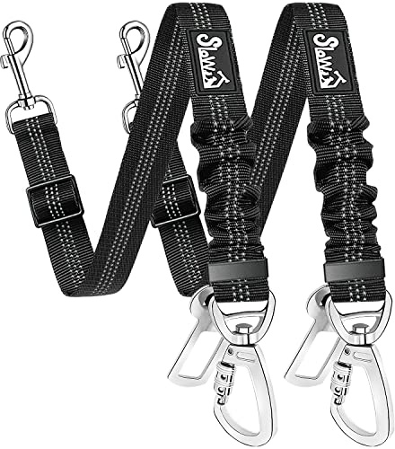SlowTon Dog Seatbelt, 2 Pack Dog Seat Belt Car Leash Adjustable Elastic Bungee Buffer Heavy Duty Nylon Reflective Pet Safety Tether Connect to Dog Harness for Travel Riding in Vehicle