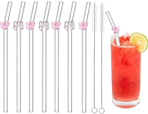 9 Pcs Glass Straws Drinking Set,Glass Straws with Charms Straw with Cleaning Brushes Transparent Pink Bow Cute, for Smoothies,Coffee and Juice