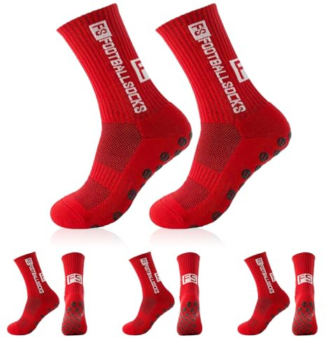 FESDMOH 3 Pares Calcetines Futbol Hombre, ​​Calcetines Antideslizantes Futbol, Football Socks, para Fútbol, ​​Baloncesto y Correr (Rojo)