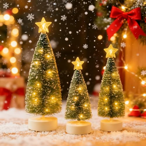 3 Stück Mini Weihnachtsbaum mit Beleuchtung: 18/20/22cm Kleine Künstlich Tannenbaum mit Warmweißem Lichter und Ständer für Weihnachtsdeko Tisch Winterdeko Innen