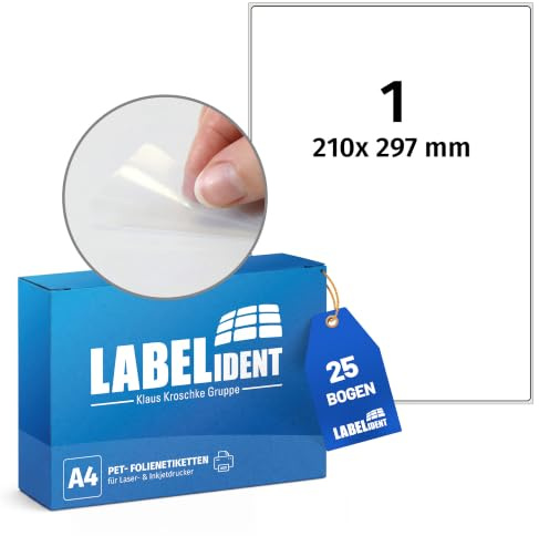 Labelident Wetterfeste Folienetiketten auf A4 Bogen, transparent - 210 x 297 mm - 25 Polyester Etiketten auf 25 Bogen, selbstklebende PET Aufkleber, matt