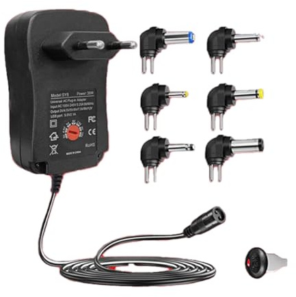 Malloy Adaptador CA/CC 4,5 V, 5 V, 6 V, 7,5 V, 9 V, 12 V, 2 A/2,5 A, Adaptador Corriente Ajustable, Cargador Universal USB, Interruptor Fuente Alimentación, Enchufe la UE.