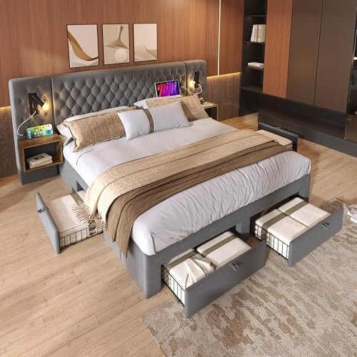 Mrwoo Polsterbett Doppelbett 180×200 cm mit 2 Nachttischen und 4 Schubladen, breites Kopfteil Leselicht mit USB-Ladefunktion, Samt, Grau (Ohne Matratze)