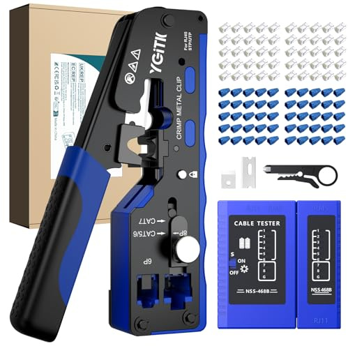 YGiTK RJ45 Crimpverktygssats genomgående Cat7 Cat6A Cat6 Cat5e Ethernet krimpverktygssats med kabeltestare, 50 st CAT6-kontakter och stövlar, skalskärare för nätverksinstallation reparation