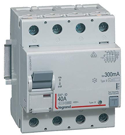 Legrand 411848 Interrupteur différentiel DX³-ID arrivée haute et départ bas à vis, 4P, 400V, 40A typeB, 300mA, 4 modules