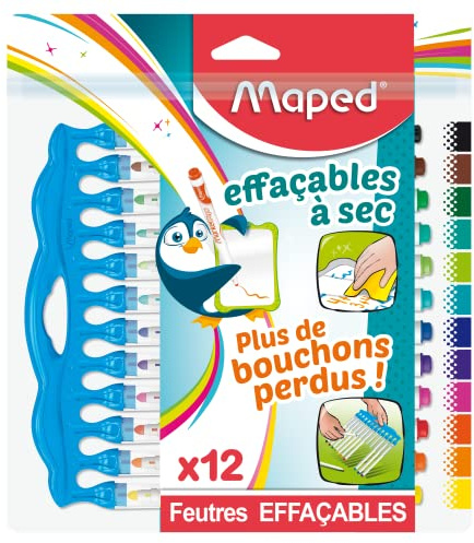 Maped - 12 Feutres Effaçables à Sec Marker’Peps Innovation - Feutres Ardoises et Tableaux Blancs - Pointe Moyenne Bloquée - La fin des bouchons perdus !