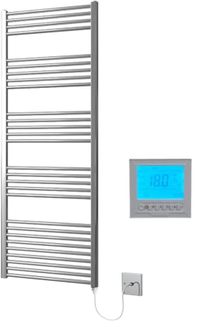 Greened House Chrome Electric Heated Towel Rail 600mm W x 1600mm H + Timer | Includes 7 Day Timer/Thermostat, Flat, Bathroom, Straight, Towel Warmer