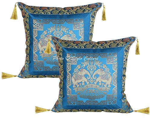 Stylo Culture Indio Fundas para Almohadones Decorativos 45x45 cm Brocado De Seda Elefante Fundas Cojines Sofa Turquesa Borlas De Jacquard Cuadrado Cremallera Fundas De Almohadones para Cama - 2 Pcs