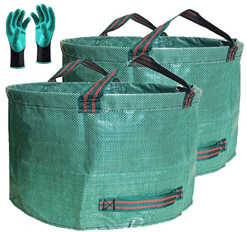 Professioneller 2er-Pack Gartensack (D26, H49 cm) mit Gartenhandschuhen und 4 Griffen, wiederverwendbar, für Hofabfallsäcke, Laubsäcke, Gartenabfallsäcke, Schmutzbeutel, Rasengras-Schnittbeutel
