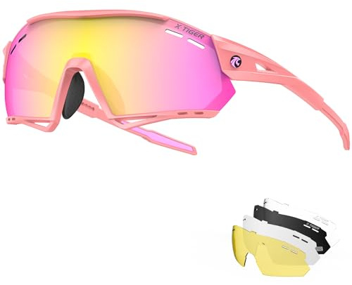 X-TIGER Occhiali Da Ciclismo,Polarizzati per TR90 Occhiali Bici MTB Con 5 Lenti intercambiabili per Ciclismo Corsa Pesca Guida
