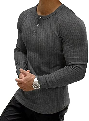 Muscle Cmdr T Shirt Manche Longue Homme,Coton À Manches Courtes/Longues Henley T-Shirts, Casual Henley Hauts pour Fitness Tee Shirt（Gris foncé/M