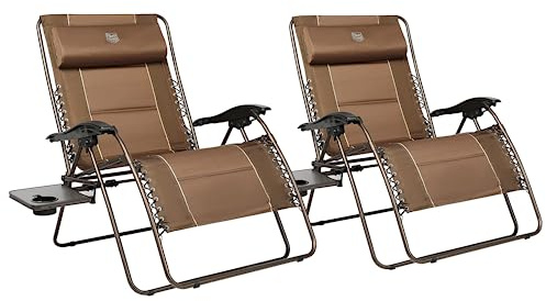 TIMBER RIDGE Oversized Zero Gravity Chair, 33In Wide XXL Zero Gravity Reclining Chair with Side Table, Full Padded Lounge Chair for Outdoor Camping Patio Lawn, Heavy Duty Supports 500lbs, Brown-2 Pack