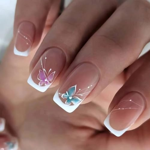 JUSTOTRY 24 Stück Schmetterling Nägel Zum Aufkleben Kurz,Farbig Eckig Press on Nails Pattern,Glossy Kunstnägel Fake Nails Mittel,Weiß French Square Fingernägel Künstliche Nägel für Frauen