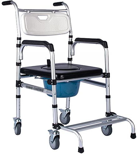 4-in-1 Kommode Stuhl am Nachttisch, Toilettenrollstuhl mit 4 Bremsrollen, Transport Duschrollstuhl für verletzte und behinderte Senioren, Rahmen aus Aluminiumlegierung