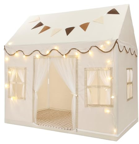 BOLERLE Kids Play Tent, Toddlers Large Playhouse with Mat, Star String, Flag, Machine Washable, Indoor and Outdoor Play Tent for Kids, Girls & Boy Aged 3+, 50 x 34 x 51, Cream
