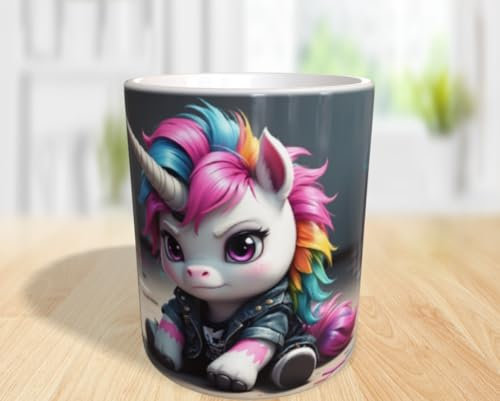 Einhorn Tasse 330ml Chibi Style mit Sprüchen Nö mug cup partner freundin Geschenk für Frauen Teenager Kinder Mädchen cool lustig frech Regenbogen Einhorn Spruchtasse Becher Kaffeetasse