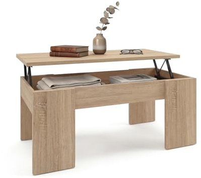 duehome | Mesa de Centro Elevable, Mesita de Salón o Comedor, Modelo Vita, Acabado en Color Roble Canadian, Medidas: 100 cm (Largo) x 50 cm (Ancho) x 45-53 cm (Alto)