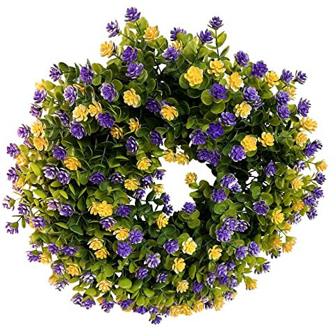 Guirnalda de flores de color lila y amarillo, simulación, color amarillo, lila, para puerta, decoración del hogar, para primavera y verano, para puerta de granja, materiales naturales, invierno