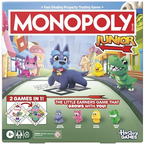 Monopoly Junior-Brettspiel (Edition 2026), 2 Spiele in 1 für jüngere Kinder, 2-seitiges Brett, ab 4 Jahren, 2-4 Spieler, 20 Minuten, Geschenke für Vorschüler, englische Version