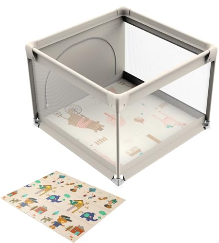 GERCHAM Laufstall Baby mit Matratze,90x90cm Laufgitter, Laufstall Baby Faltbar mit Matte Schaum,Atmungsaktivem Netz und Reißverschlusstür, Playpen,Beige
