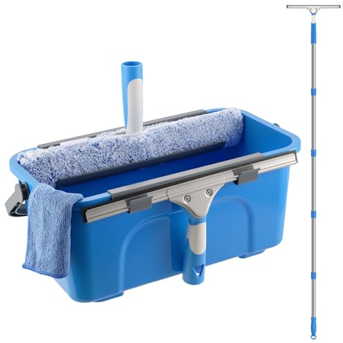 Mitclear Kit de Limpieza de Ventanas, 8 Piezas, Cubo de 12L, Escobilla de Silicona 35CM, Rasqueta 35CM, Mango 196CM, Paño de Microfibra, Limpiador de Ventanas Profesional para Ventanas y Cristales