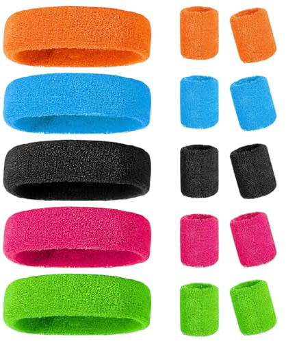 Sports Headband Wristbands, 15PCS 80s Neon Sweat Bands, Absorbent Sweatbands 80s Headband and Wrist Sweatbands for Gym Football Soccer Tennis Basketball