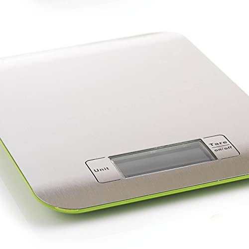 MASTRAD - Balance Inox - Précision au Gramme Près - Pesée en Gramme, Kilogramme, Livres et Onces - Extra Plate et Légère - F76508 - Acier Inoxydable - Verte - 22 x 16.2 x 1.4 cm