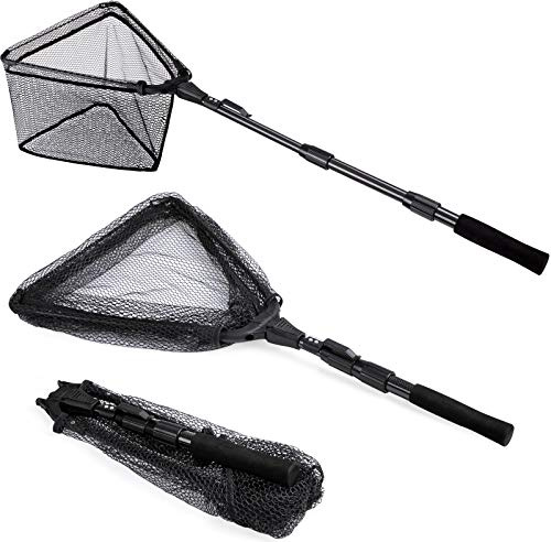 PLUSINNO Fishing Net Fish Floating Landing Net, Kayak Nets with Fixed Foldable Telescopic Pole Handle,Bass Trout Fishing Nets with Nylon Mesh for Pond Lake River,Fishing Gear Gifts for Men,Black 1.2M