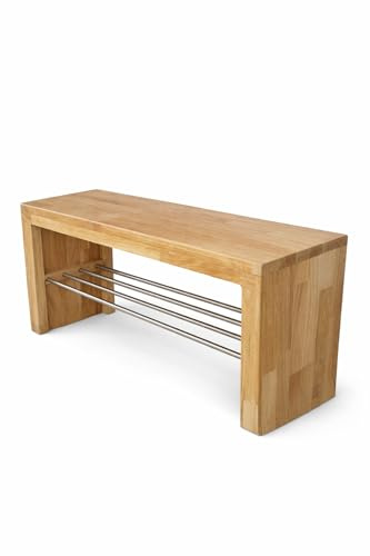 Sitzbank Holzbank aus Eiche mit Schuhablage Schuhregal aus Edelstahl Garderobenbank Flurbank