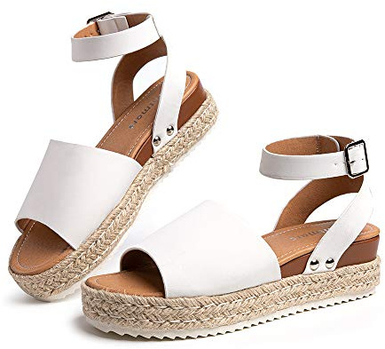 Hitmars Sandali Zeppa Donna Estivi Espadrillas Gladiatore Fibbia Sandali Elegant Romano Comode Piattaforma Tacco 5.6cm 1-Bianco EU35