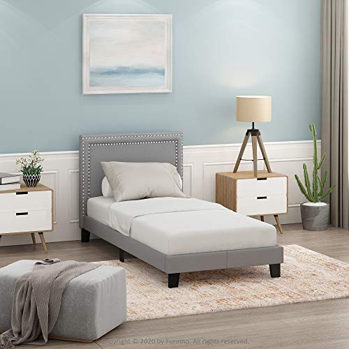 Furinno LAVAL Bed Frame, UK Single Size Bedframe with Double Row Nail Head Headboard, Upholstered Bed with Legs, 12pcs Wooden Slat Support, Easy Assembly, for Bedroom, Dorm, Glacier