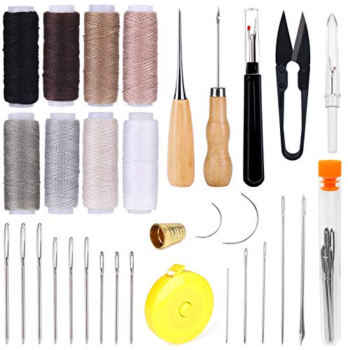 32 Stücke Leder NäHset, Leder Werkzeug Set mit 8 Farben Nähgarn, Leder Nähen Nadeln, Ahle, Schere, Fingerhut, Maßband und Nahttrenner Multifunktional Diy LedernäHset
