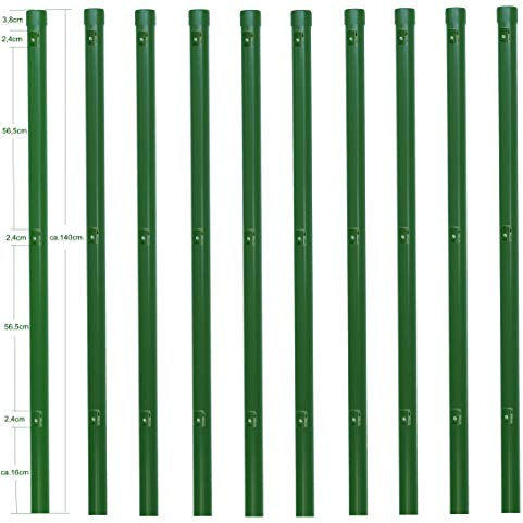 10 Stück Zaunpfosten Ø 34 mm für 1,2 Meter hohe Metallzaun Anlage in grün aus Maschendraht. Pfosten Zaun Pfahl mit Kappe und 3 montierte Spanndrahthalter.