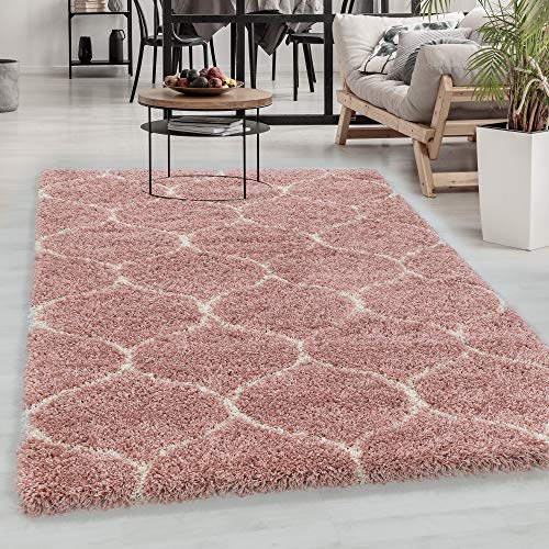 Carpetsale24 Hochflor Teppich 120x170 cm Rosa Modern Skandinavisch Geometrisches Design Shaggy Flauschig Weich Pflegeleicht für Wohnzimmer Schlafzimmer Esszimmer