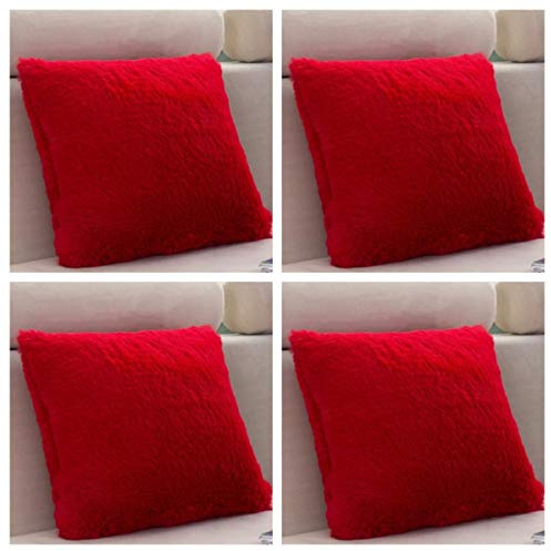 SET OF 4 - Extra Soft Teddy Bear Faux Fur Fleece Cushion Covers 45cm x 45cm / 18x18-14 Amazing Colours (Red)