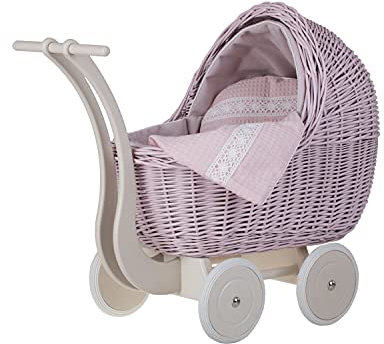 e-wicker24 Alles aus Weide Puppenwagen aus Weide mit Bettwäsche perfekte Geschenkidee Korbpuppenwagen schöner Spielzeug aus Korbgeflecht Korbwagen für Puppen Spielzeug für Mädchen