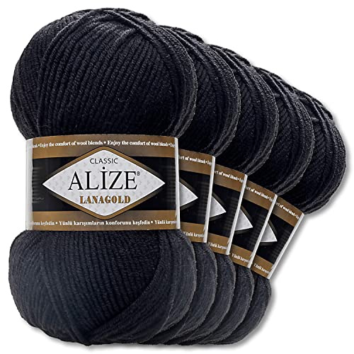 Wohnkult Alize 5 x 100 g Lanagold Wolle | 53 Auswahl | Stricken Häkeln Wolle (60 | Schwarz)