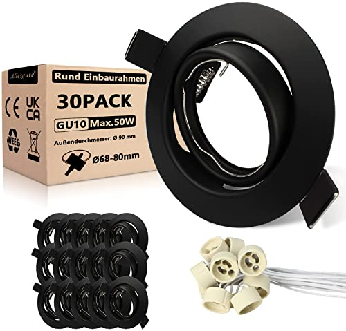 Allesgute 30er LED Einbaustrahler GU10 Set Schwenkbar 230V Einbauleuchten Einbaurahmen Rund Matt Schwarz LED Spot 68mm Lochdurchmesser inkl. GU10 Fassung für Lampe oder Halogen