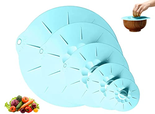 Hitopin Silicone Suction Lids - 5 Piece Set, Bowl, Plate, Pot & Pan Covers, Oven & Refrigerator Safe, Blue