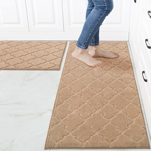 COSY HOMEER Küchenteppich 2 Stück, Teppich Küche Waschbar rutschfest, Küchenläufer, Teppichläufer Flur, Teppich Läufer für Küche, Flur, Wohnraum (60 x 90 cm + 60 x 150 cm, Beige)
