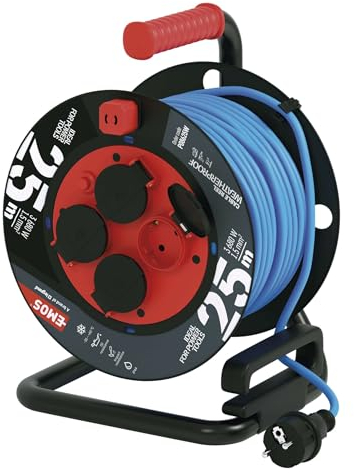 EMOS ganzjährige Outdoor-Kabeltrommel mit Silikon-Isolierung, 25m Kabel 1,5 mm2 mit 4 Schuko Steckdosen, IP44 wasserdicht und frostbeständig für Außenbereich, Industrie, Baustelle