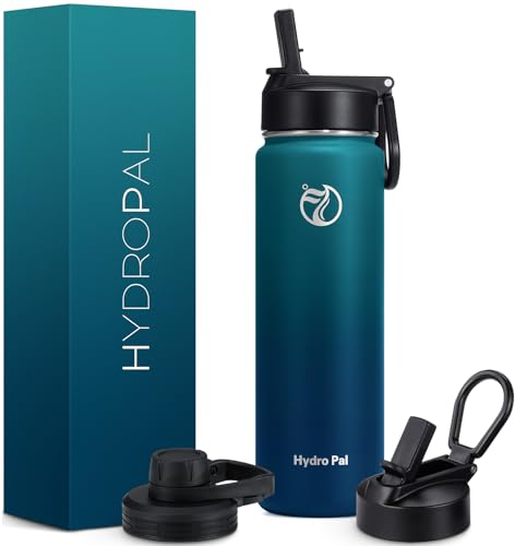 HydroPal Edelstahl Trinkflasche - 750ml, 1L, 1,2L, BPA-Frei, Kohlensäure geeignet, Isolierte flasche mit Strohhalm & 2 Deckel, Auslaufsichere Isolierflasche für Sport (Grün/Dunkelgrün, 750 ml)