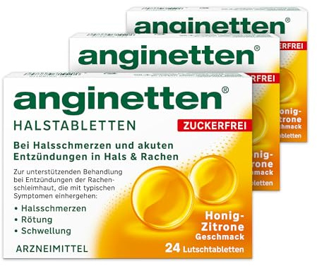 anginetten Halstabletten zuckerfrei | Honig-Zitrone | 3 x 24 St | Zur unterstützenden Behandlung bei Entzündungen der Rachenschleimhaut, desinfiziert Mund & Rachen, ab 6 Jahren