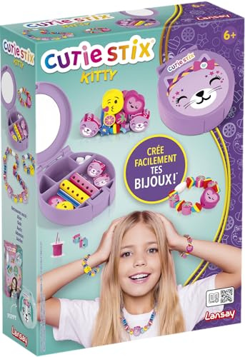 Lansay - Cutie Stix Schmuckkästchen Kitty - Kreativbox - Ab 6 Jahren | Schmuck Herstellen - Vorgebohrte Stäbchen, Faden und Verschlüsse - Wird zur Dose mit Spiegel - Integrierter Stauraum