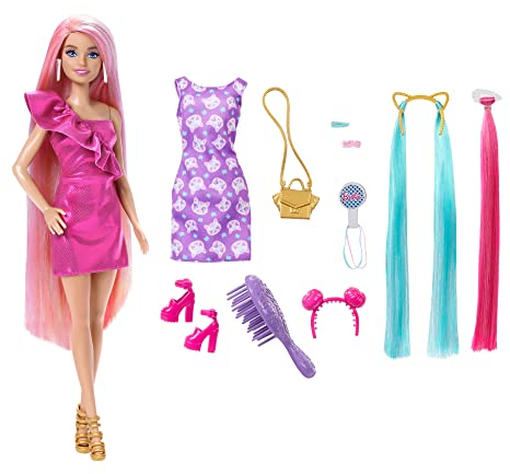 Barbie-Puppe, Fun & Fancy-Haar mit extralangem, farbenfrohem blondem Haar und glänzendem rosa Kleid, 10 Frisier- und Mode-Spielaccessoires, JDC85