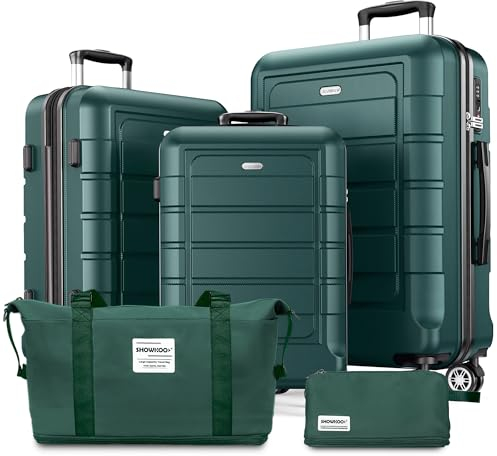 SHOWKOO Kofferset 5 Teilig Hartschale Leicht ABS+PC Erweiterbar Reisekoffer Haltbar Handgepäck Sets 4 Rollen TSA-Schloss mit 1 Reisetasche und 1 Kulturtasche - Armeegrün