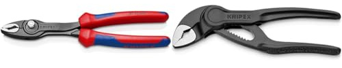 Knipex TwinGrip Slip Joint Pliers Black atramentized, with Multi-Component Grips 200 mm 82 02 200 & Cobra® XS Water Pump Pliers Grey atramentized, Embossed, Rough Surface 100 mm 87 00 100