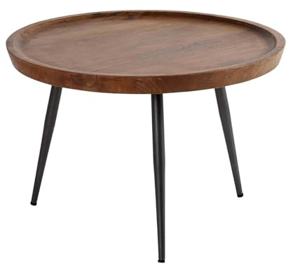 Home Source Mango Wood Round Coffee Table, Grey Iron Legs, Walnut Finish, 60cm