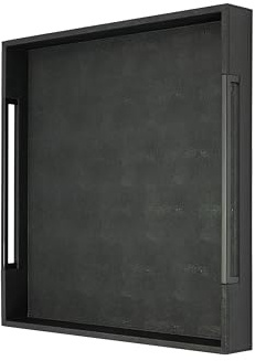 Sagala Extra großes 50,8 cm quadratisches Shagreen Ottoman-Tablett aus Leder mit schwarzen Griffen, dekoratives Serviertablett für Couchtisch, Ottomane, Kücheninsel (schwarz-schwarz, quadratisch 50,8