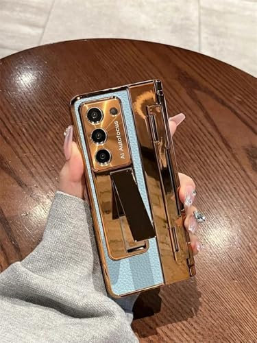 Für Samsung Galaxy Z Fold 5 Z Fold 4 Z Fold 3 5G Hülle mit Displayschutzfolie Leder Einteilige Plattierungsständerabdeckung Gold, Goldblau, für Galaxy Z Fold 4